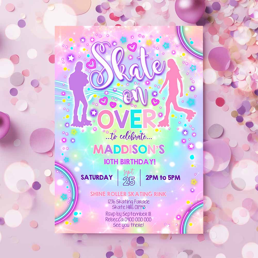 ROLLER SKATING BIRTHDAY Invitation, Roller Skate Invitation, Roller Skate Tie Dye Invitation, Neon Skate Party Skate on Over