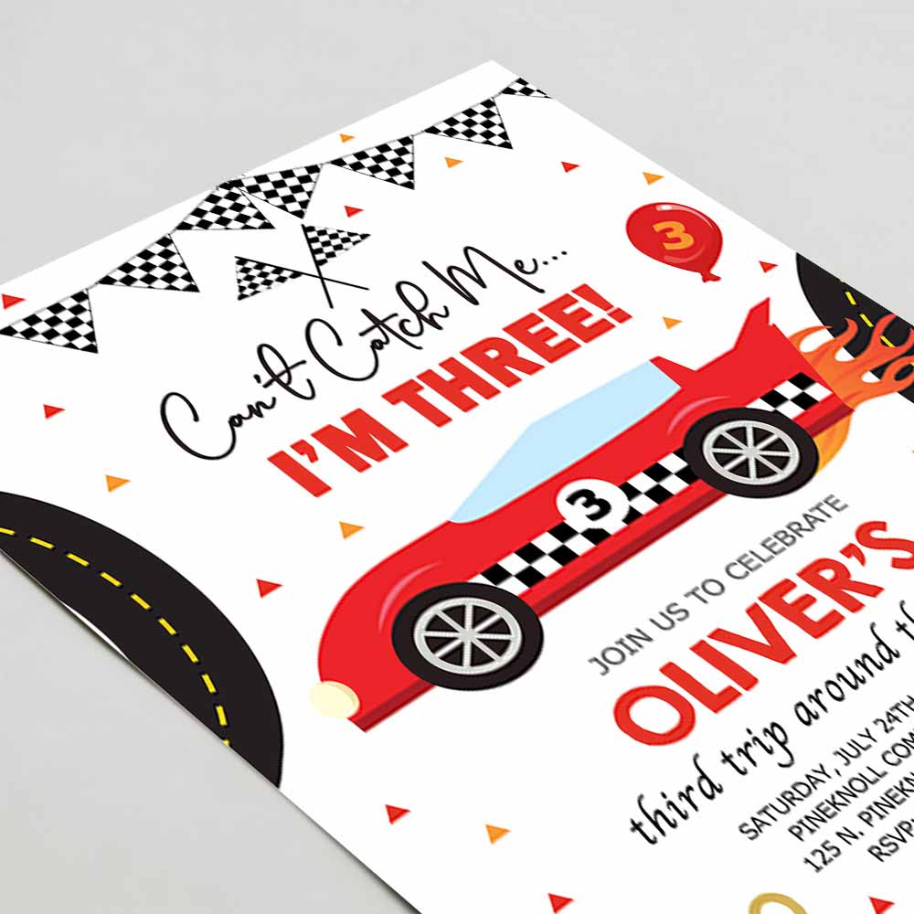 Race car boy birthday Invitation, can't catch me i'm three boy 3rd third birthday invite