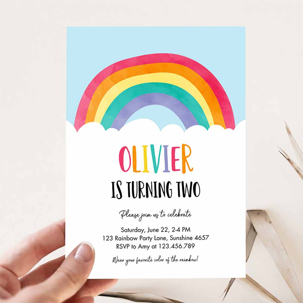 Rainbow Birthday Invitation, Boy Girl Neutral Clouds Blue Rainbow Fun Over the Rainbow Party