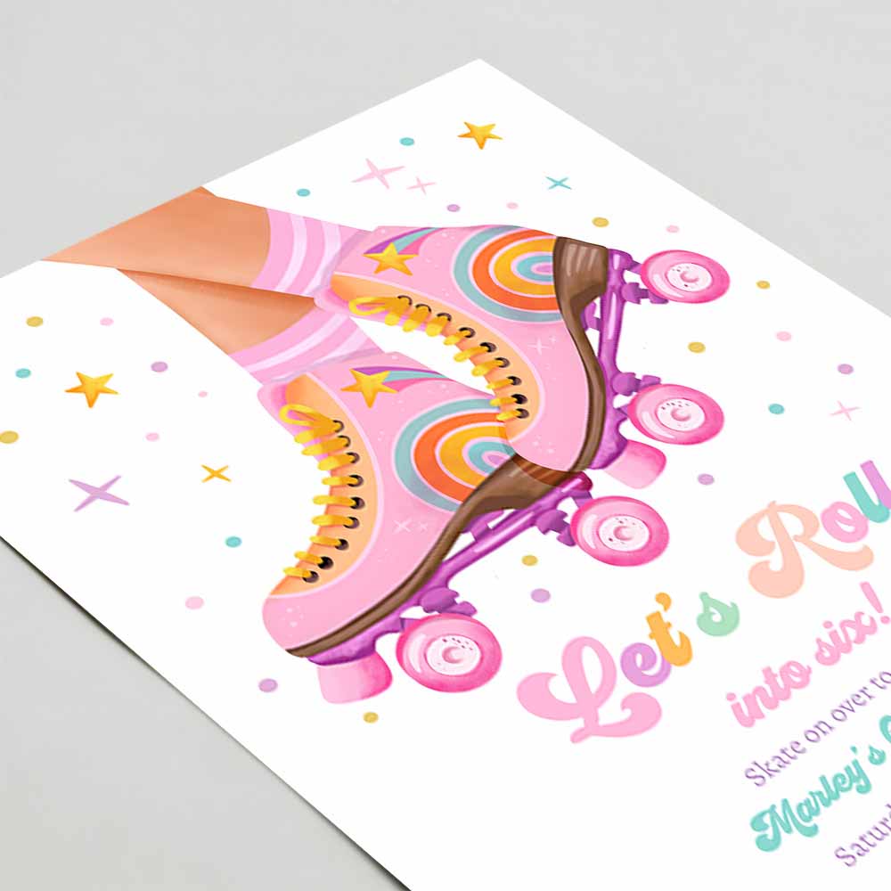 Roller Skate Birthday Party Invitation, Let's Roll Skating Kids Rainbow Rollerblade Pink Invite