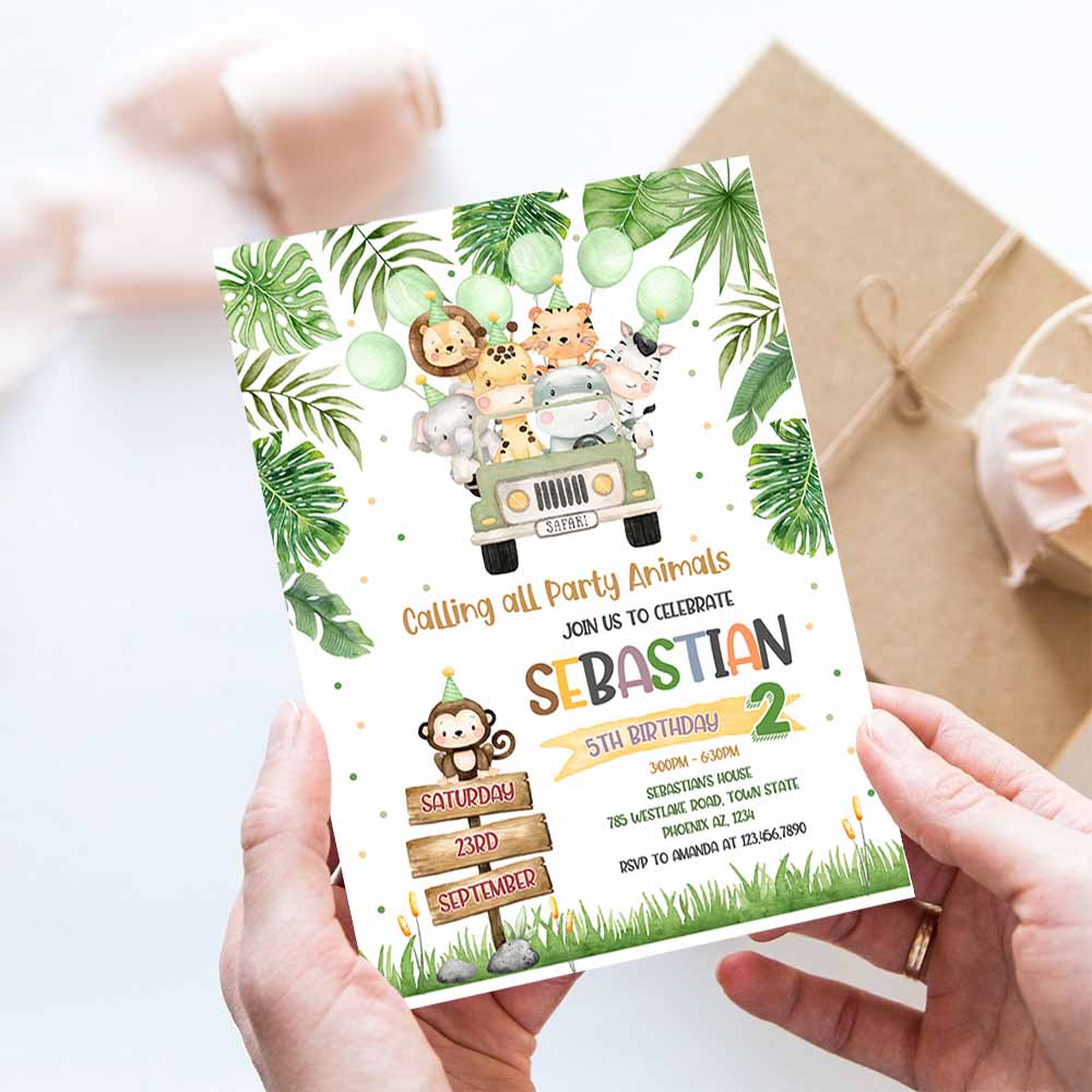 Safari Birthday Invitation, Wild One First Birthday Invite, Jungle Animals invitations