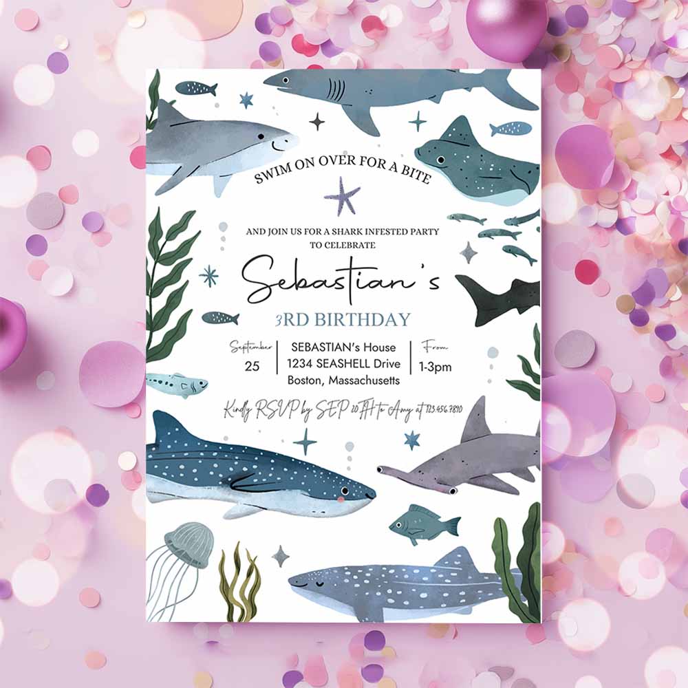 Shark Birthday Party Invitation, Shark Under the Sea 1st Birthday Party Sea Life 1st Birthday Party