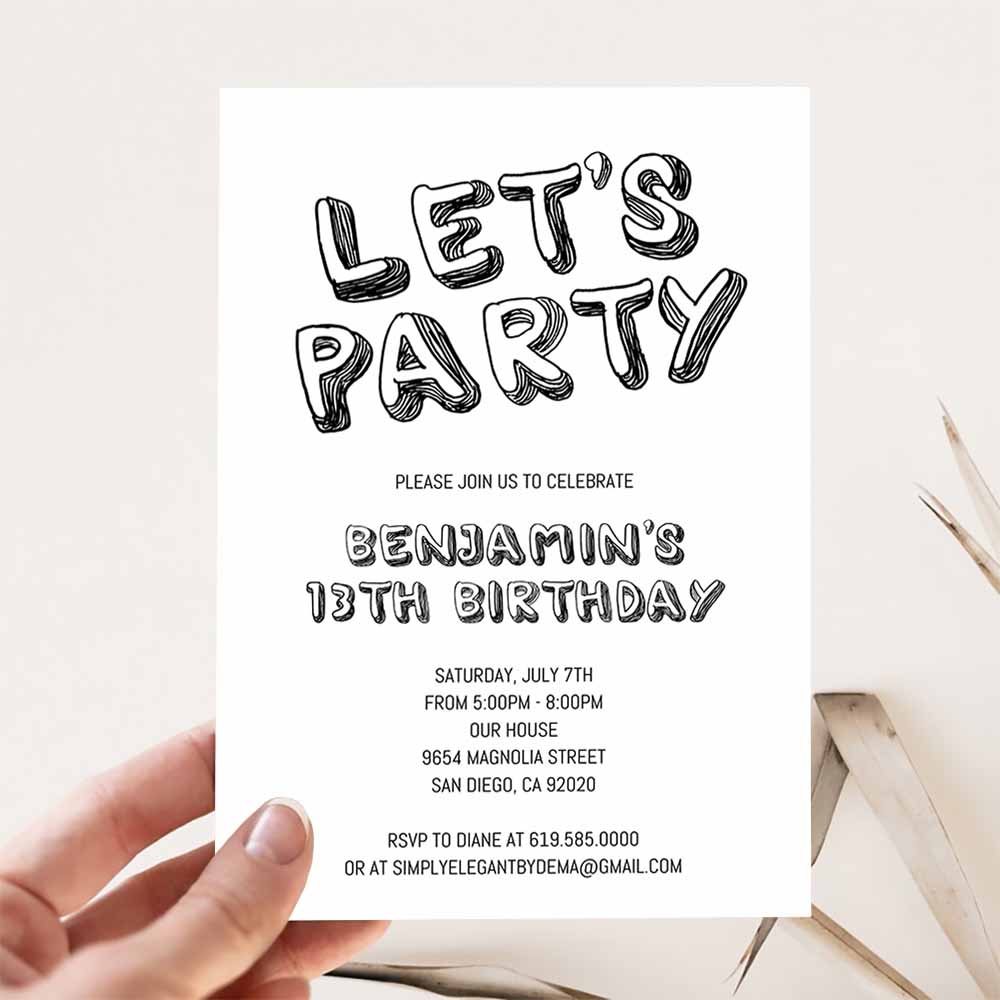 Simple Black and White Birthday Invitation, Template, ANY AGE, Birthday Invitation, for Boys Teens Kids Girl