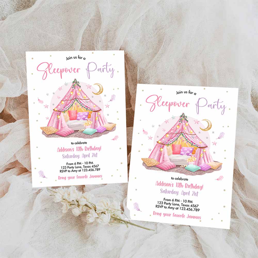 Sleepunder Party Birthday Invitation, Slumber Party Invite Pink Spa Tween Teen Glamping Movie