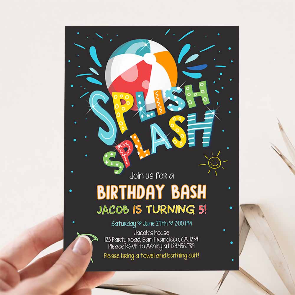 Splish Splash Birthday Invitation, Pool Black Party Boy Beach Ball Blue Birthday Bash