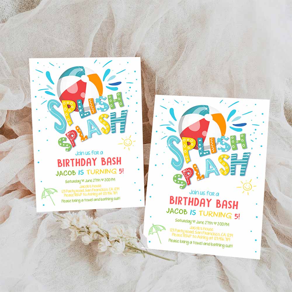 Splish Splash Birthday Invitation, Pool Party Boy Beach Ball Blue Green Birthday Bash