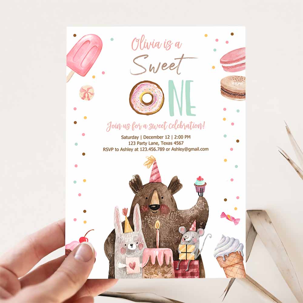 Sweet One Birthday Invitation, First Birthday Party 1st Girl Donut Ice Cream Animals