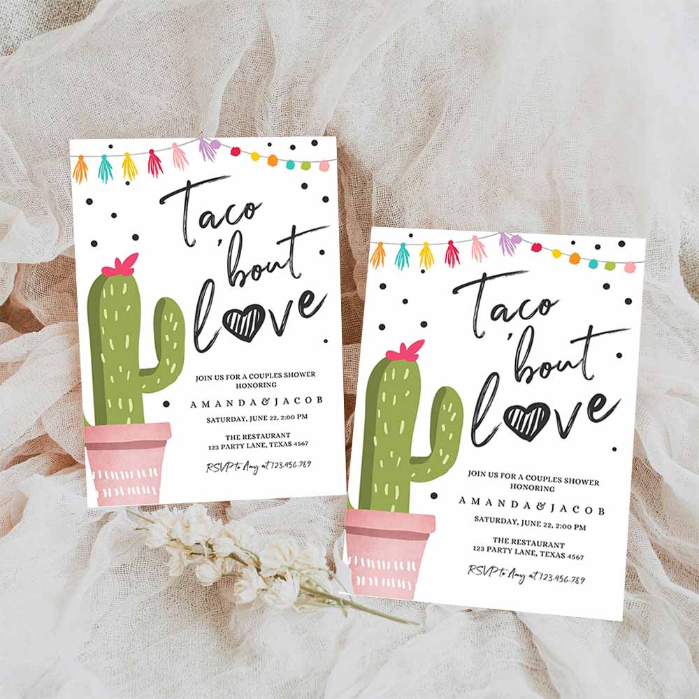 Taco Bout Love Fiesta Couples Shower Invitation, Cactus Succulent Green Pink Confetti