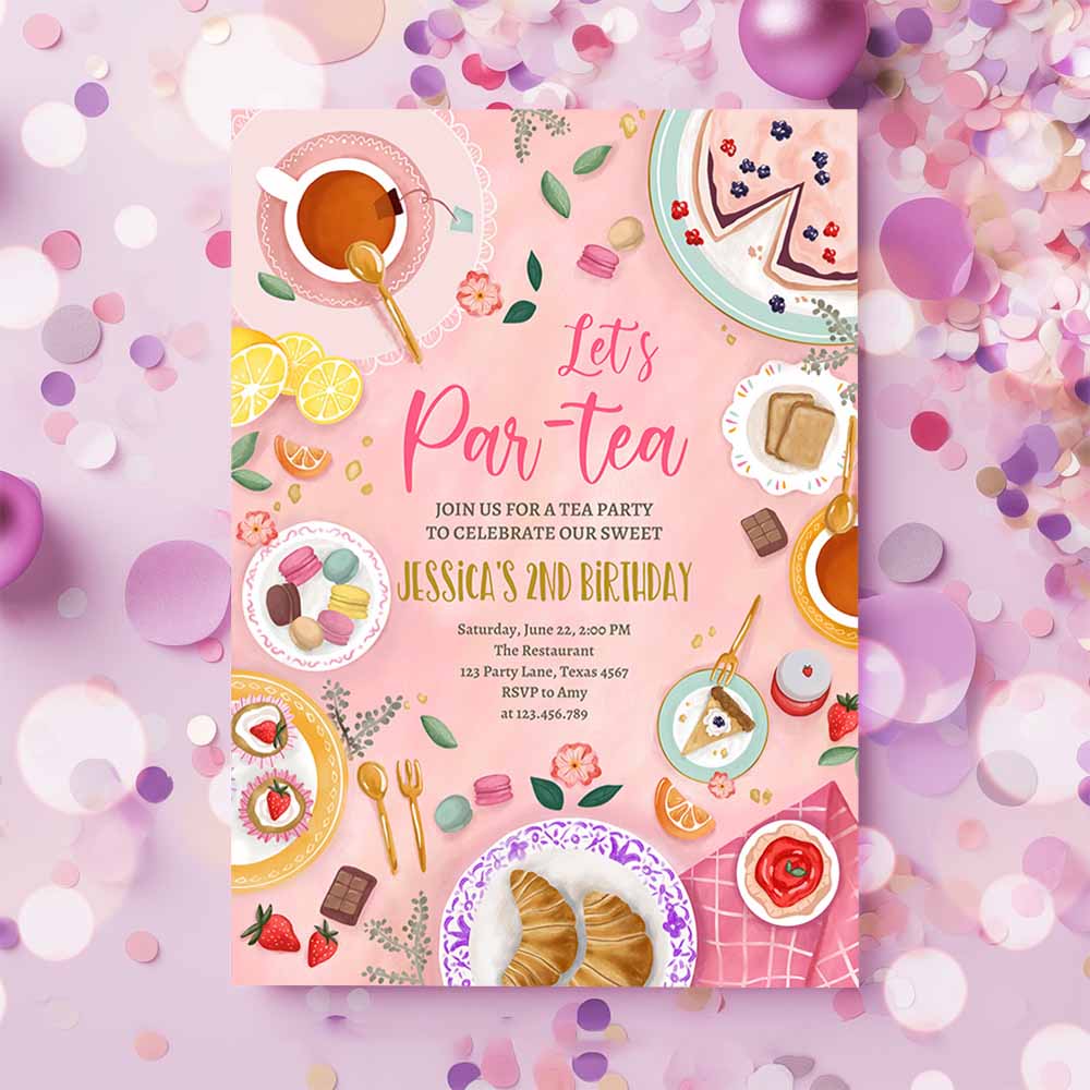 Tea Party Birthday Invitation, Girl Par-Tea Invite Floral Pink Gold Whimsical Tea