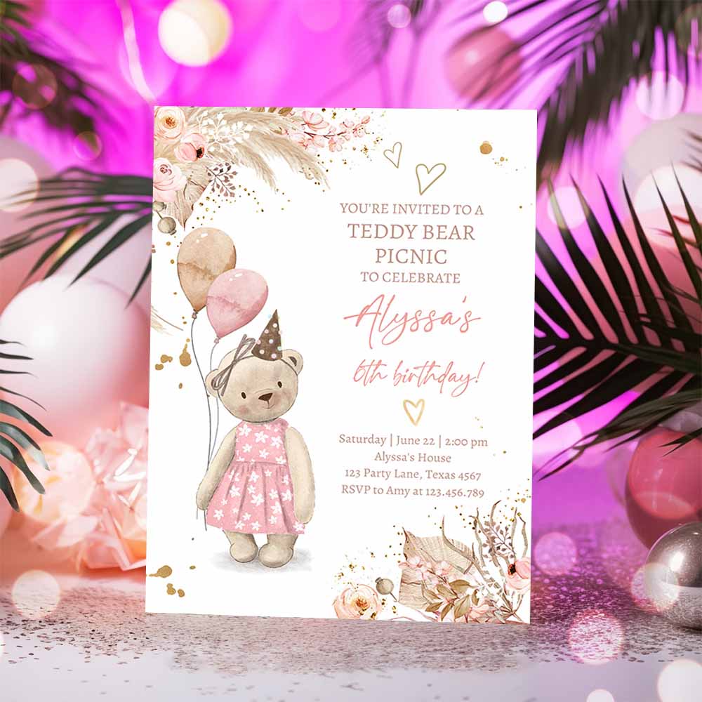 Teddy Bear Picnic Birthday Invitation, Girl Pink Boho Bear Picnic Summer Outdoor Party