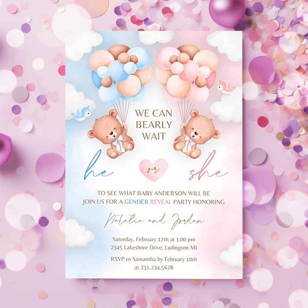 Teddy Bears Gender Reveal Invitation, Boy or Girl Baby Party Invite