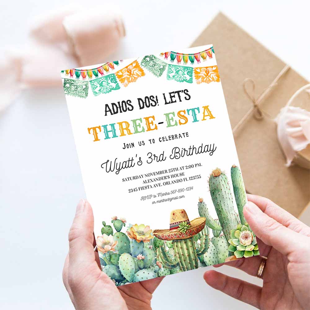 Three esta birthday invitation three esta invite fiesta 3rd birthday Mexican Taco Cactus Cinco de Mayou