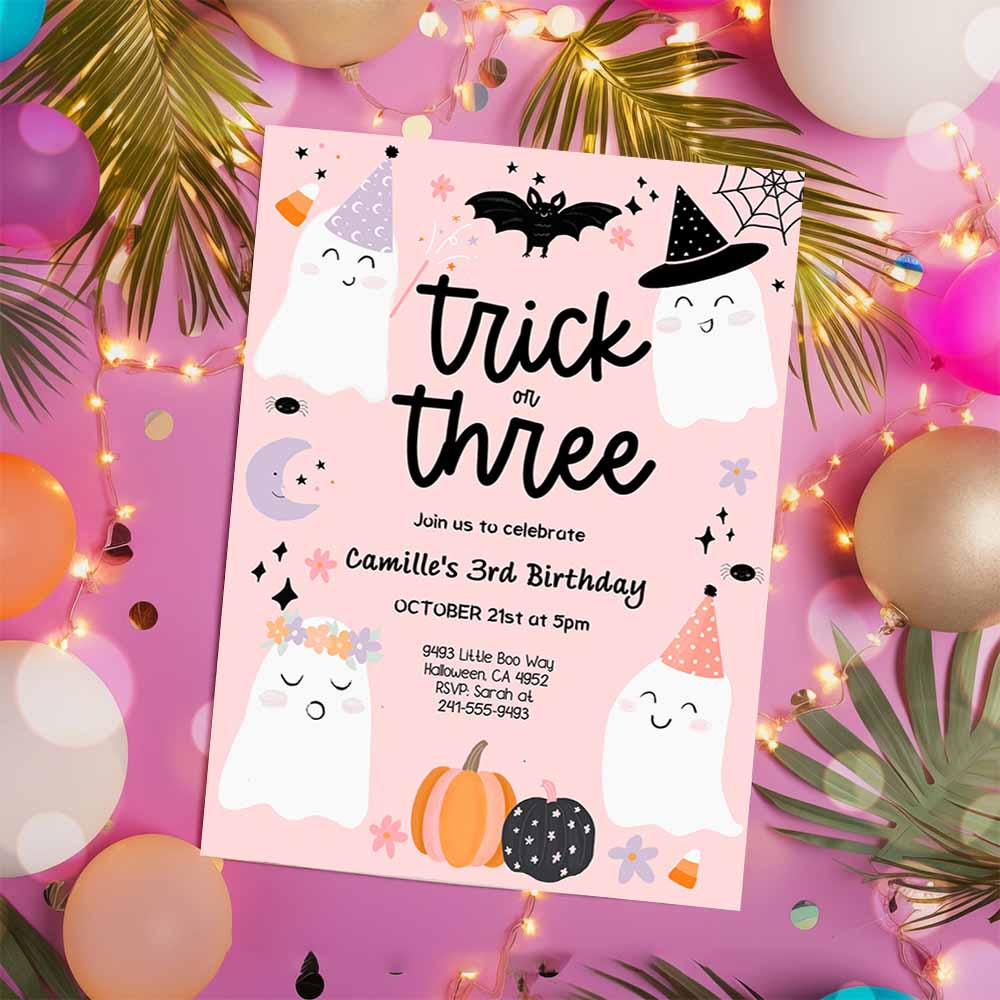 Trick or Three Halloween Ghost 3rd Birthday Party Invitation