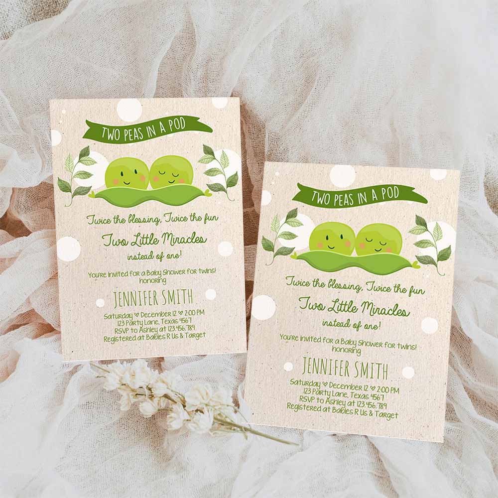 Twin Baby Shower Invitation, Two Peas In a Pod Baby Shower Green Neutral Invitation, Sweet Pea