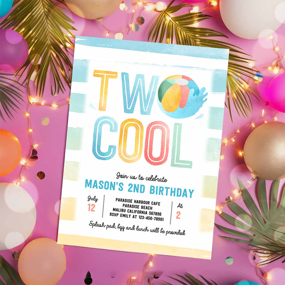 Two Cool 2nd Birthday Party Invitation, Beach Ball Summer Splish Splash Boy 2nd Birthday Pool Party