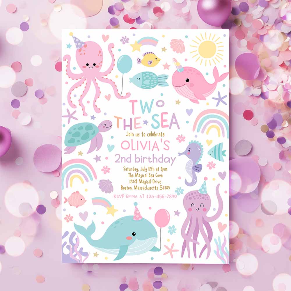 Two The Sea 2nd Birthday Party Invitation, Cute Sea Creatures 2nd Birthday Turtle Whale Narwhal Party