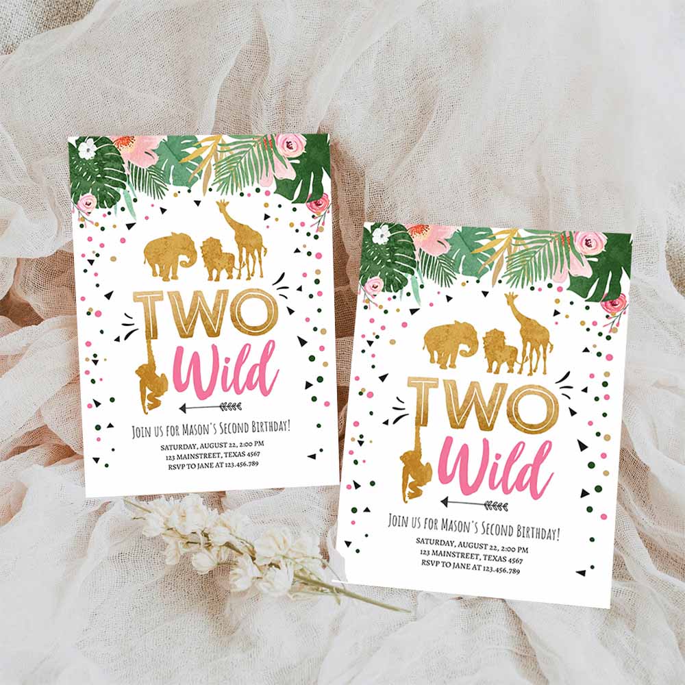 Two Wild Birthday Invitation, Safari Animals Jungle Zoo Wild One Party Girl Pink Gold