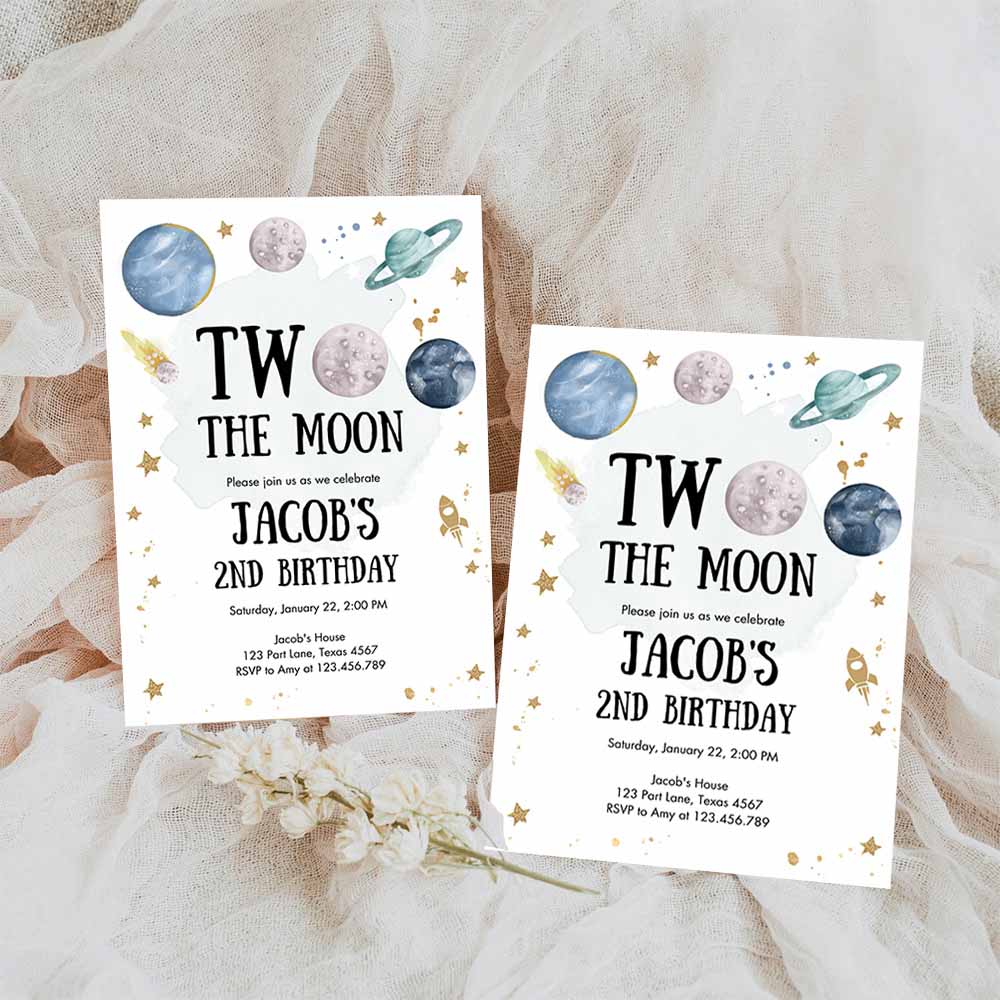 Two the Moon Second Birthday Invitation, Space Astronaut Planets Galaxy 2nd Boy