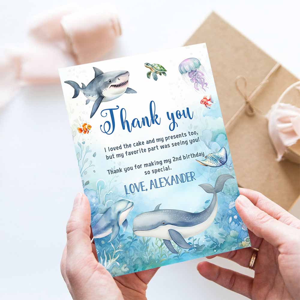 Under The Sea Birthday Thank You Card Oneder Note Car Sea animals Ocean Whale Shark Fish