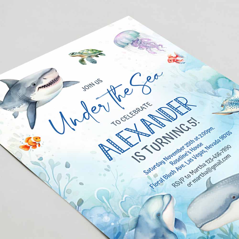 Under the sea Invitation, Oneder the sea birthday invite, Sea animals ocean theme Whale Shark Fish