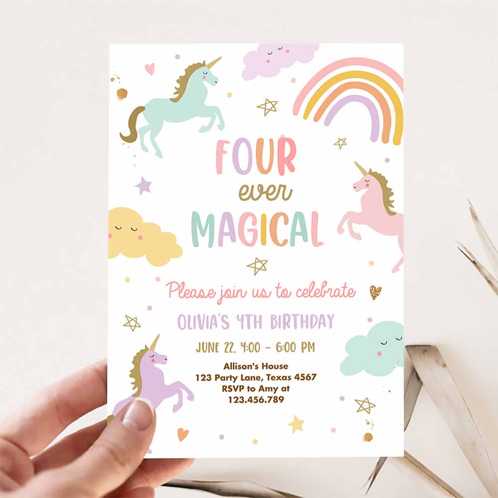 Unicorn 4th Birthday Invitation, Four Ever Magical Party Invite Girl Pastel Fourth Birthday