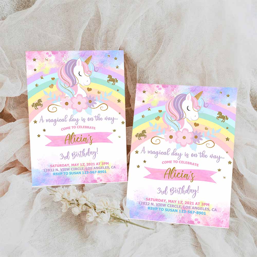 Unicorn and rainbow birthday Invitation, girl birthday party invite