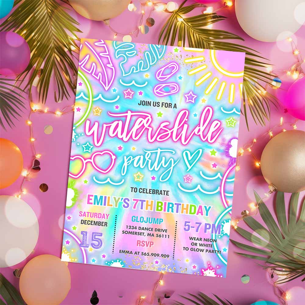 Water Slide Birthday Party Invitation, Glow Neon Tie Dye Summer Water Slide Splash Pad Water Park Birthday Party