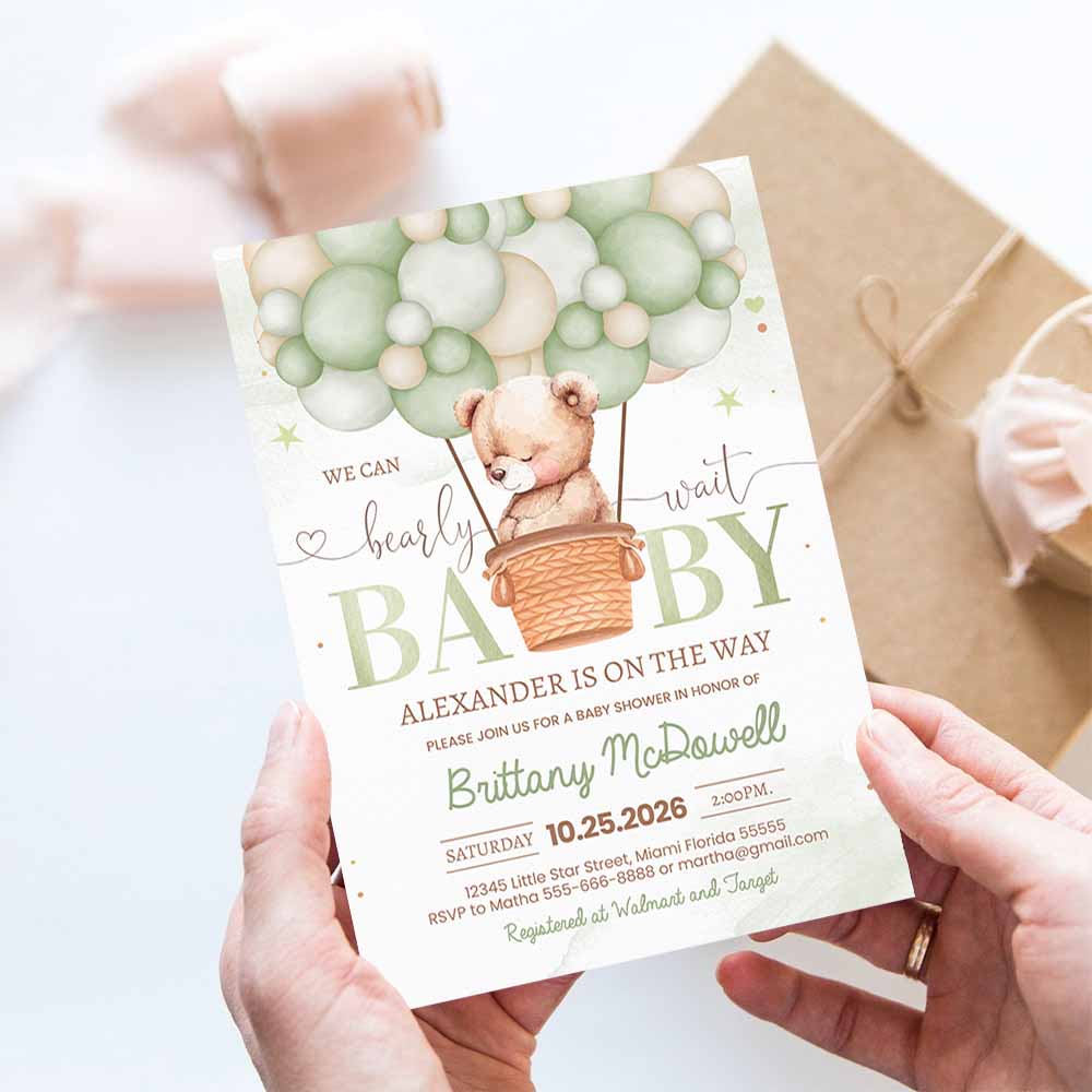 We Can Bearly Wait Baby Shower Invitation Green Teddy Bear Hot Air Balloon Bear Theme Invite