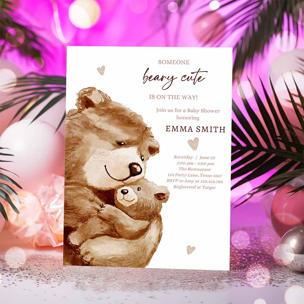 We Can Bearly Wait Baby Shower Invitation, Teddy Bear Gender Neutral Brown Boho