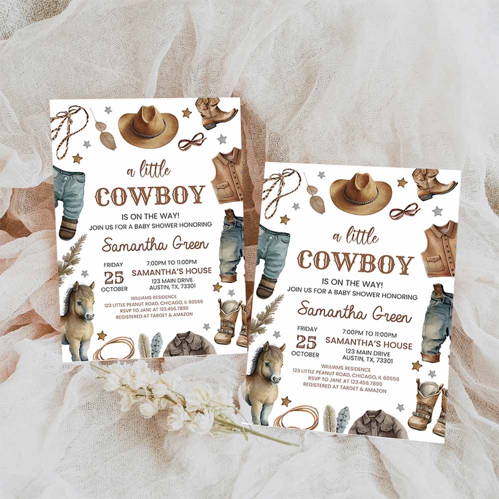 West Baby Shower Invite Pack, Blue Cowboy Baby Shower Invitation, Rodeo Baby