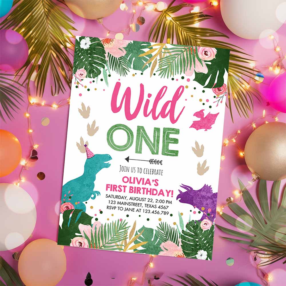 Wild One Birthday Invitation, Dinosaur Dino Party Girl 1st First Birthday Pink Purple