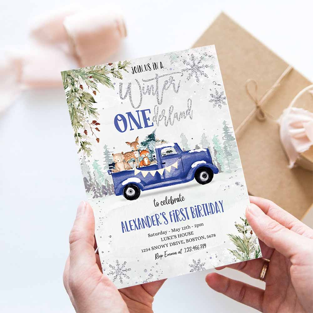 Winter Onederland Woodland Winter First Birthday Invitation 1st Blue Truck Boy Silver Christmas