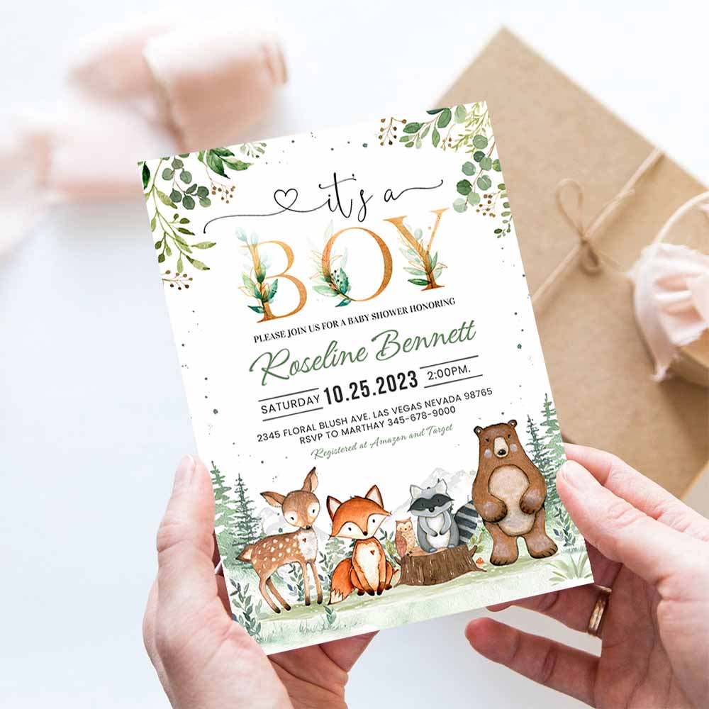 Woodland Baby Shower Invitation, Gender Neutral Woodland Animals Invitations, Its A Boy Woodland