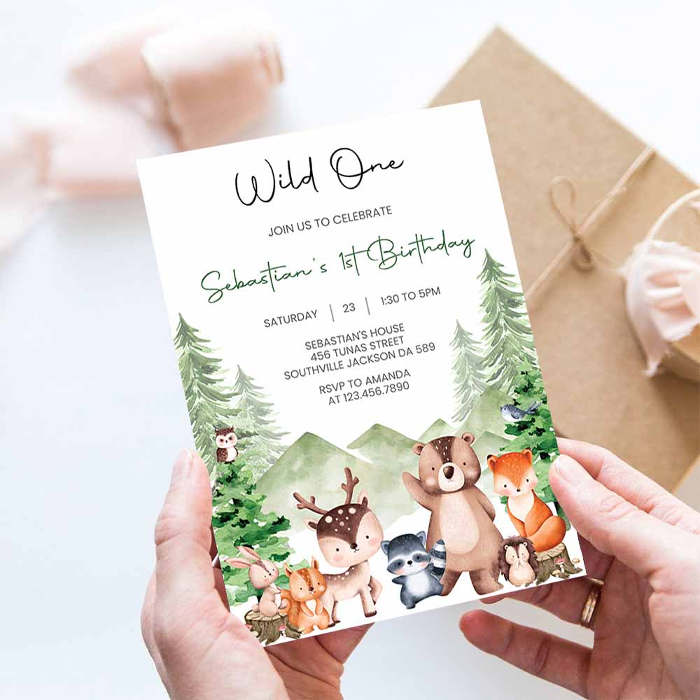 Woodland Wild One Birthday Invitation, Woodland Forest Animals Birthday Invitation, Woodland Birthday invitation