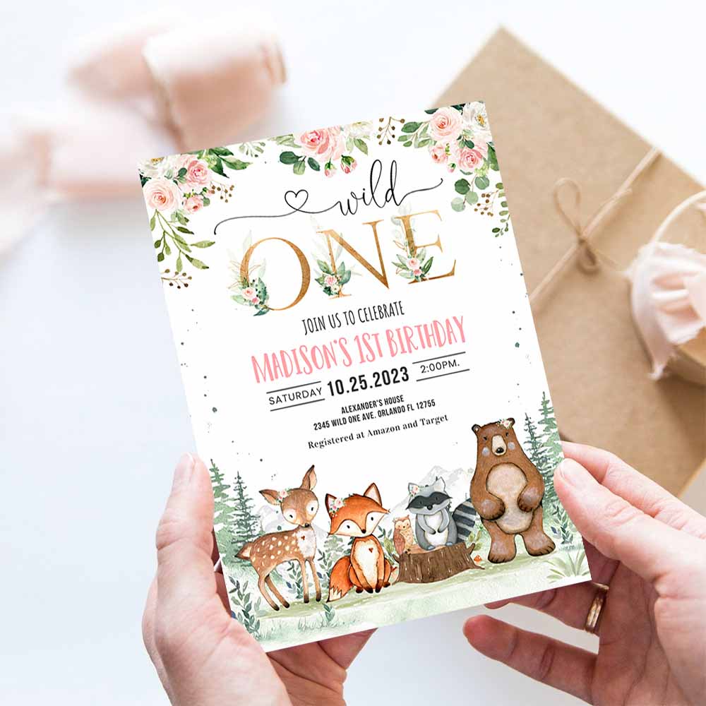 Woodland birthday invitation, Girl Woodland first birthday invitation, Wild One Woodland Creatures